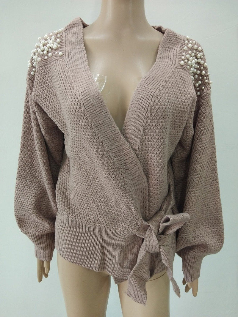 Autumn New Cardigan Sweater Long Sleeve V-neck Tie Bow Knot Pearl Waist Closed Knit Drop Shoulder Beaded Wrapover