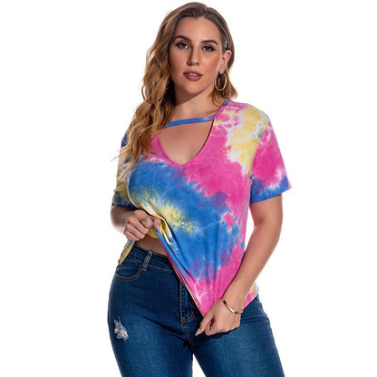 Large Size Women's T-Shirt Short Sleeve Tie Dyed Blouse