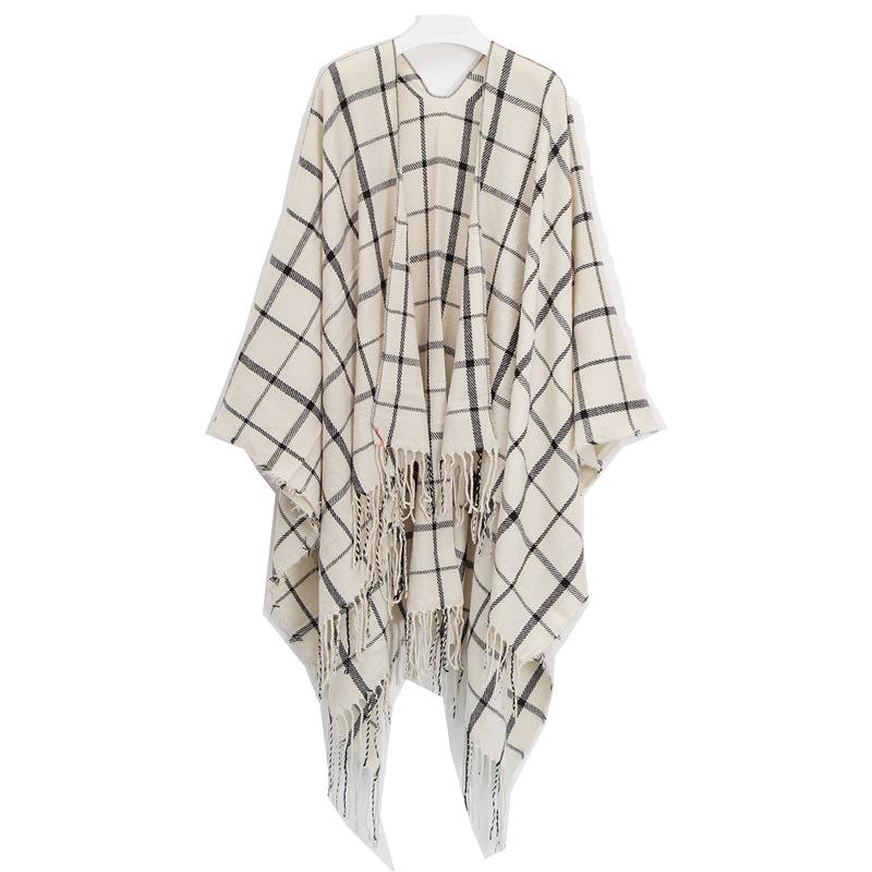 Women's Shawl Imitation Cashmere Black and White Plaid Tassel Lattice Trim