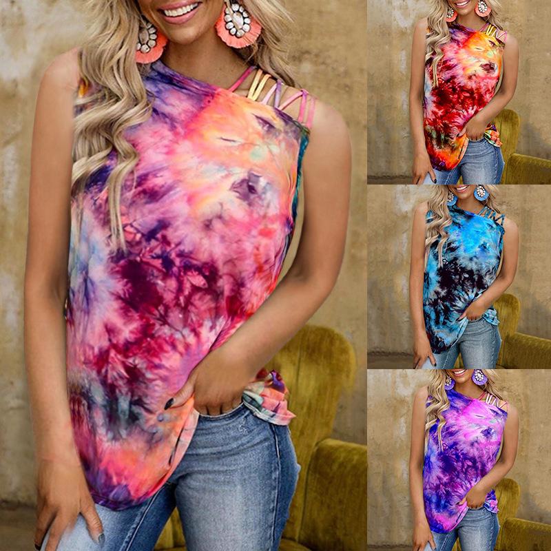 Tie Dye Printed Cross Shoulder Vest Casual Tank Top Women T-shirt Wholesale