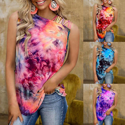 Tie Dye Printed Cross Shoulder Vest Casual Tank Top Women T-shirt Wholesale