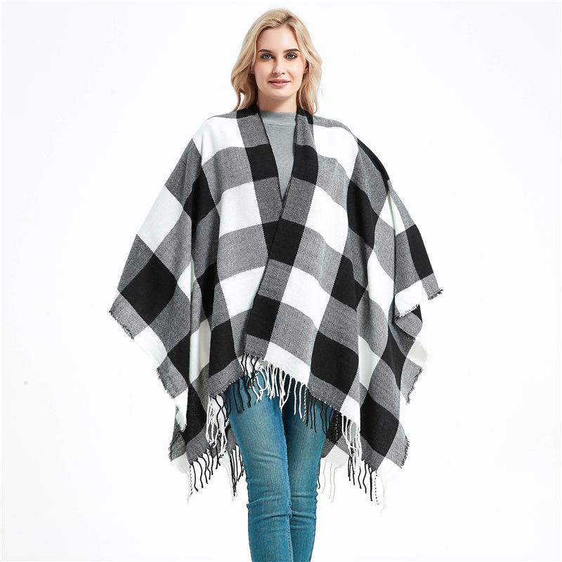 Women's Shawl Imitation Cashmere Black and White Plaid Tassel Lattice Trim