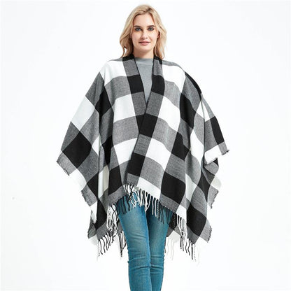 Women's Shawl Imitation Cashmere Black and White Plaid Tassel Lattice Trim