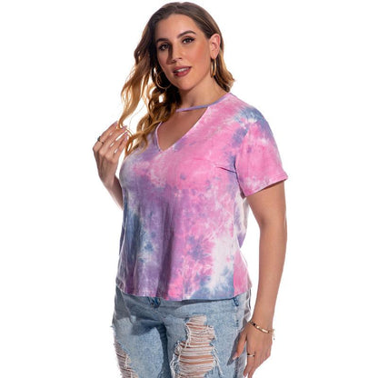 Large Size Women's T-Shirt Short Sleeve Tie Dyed Blouse