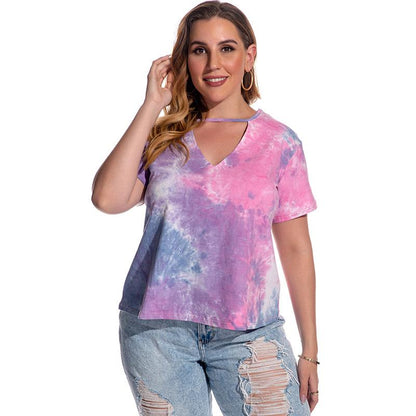 Large Size Women's T-Shirt Short Sleeve Tie Dyed Blouse