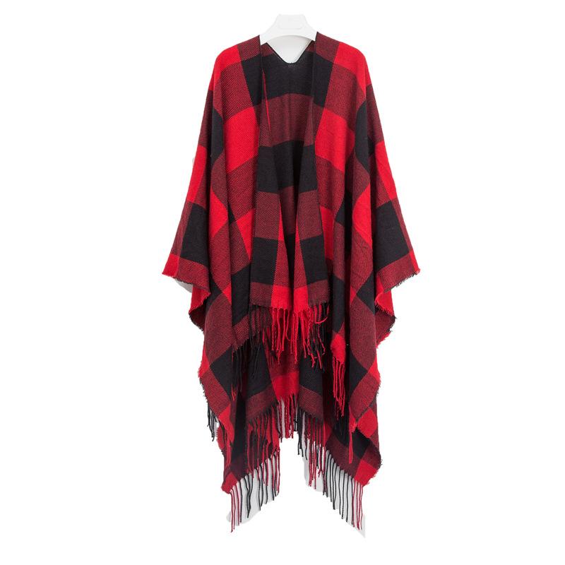 Women's Shawl Imitation Cashmere Black and White Plaid Tassel Lattice Trim