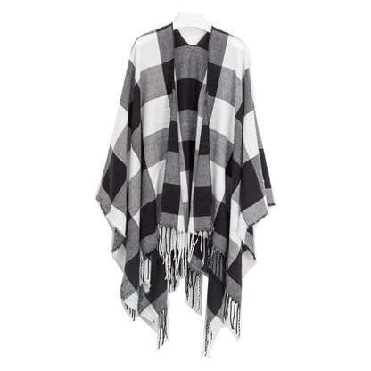 Women's Shawl Imitation Cashmere Black and White Plaid Tassel Lattice Trim