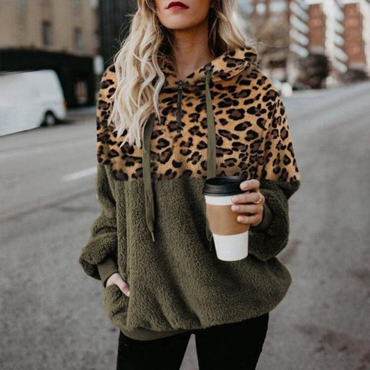 Leopard Zipper Pocket Top Hooded Sweatshirts Women Thick Pocket Warm