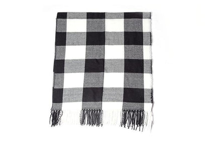 Women's Shawl Imitation Cashmere Black and White Plaid Tassel Lattice Trim