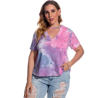 Large Size Women's T-Shirt Short Sleeve Tie Dyed Blouse