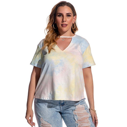 Large Size Women's T-Shirt Short Sleeve Tie Dyed Blouse