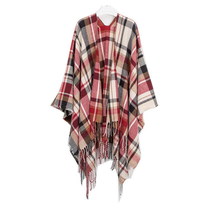 Women's Shawl Imitation Cashmere Black and White Plaid Tassel Lattice Trim