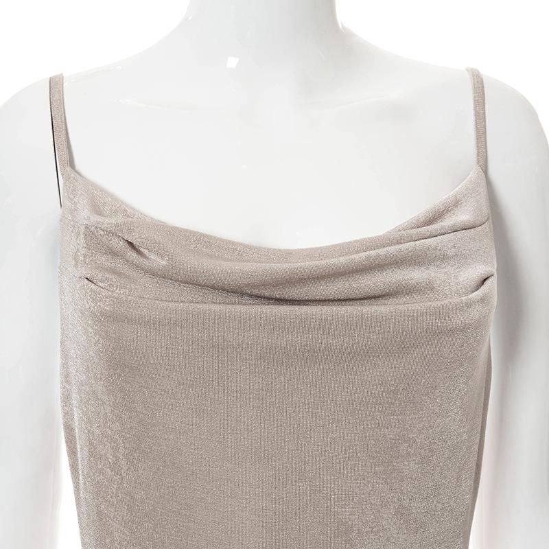 Sleeveless Backless Pile Collar Thigh Split Cami Dress Wholesale Clothing