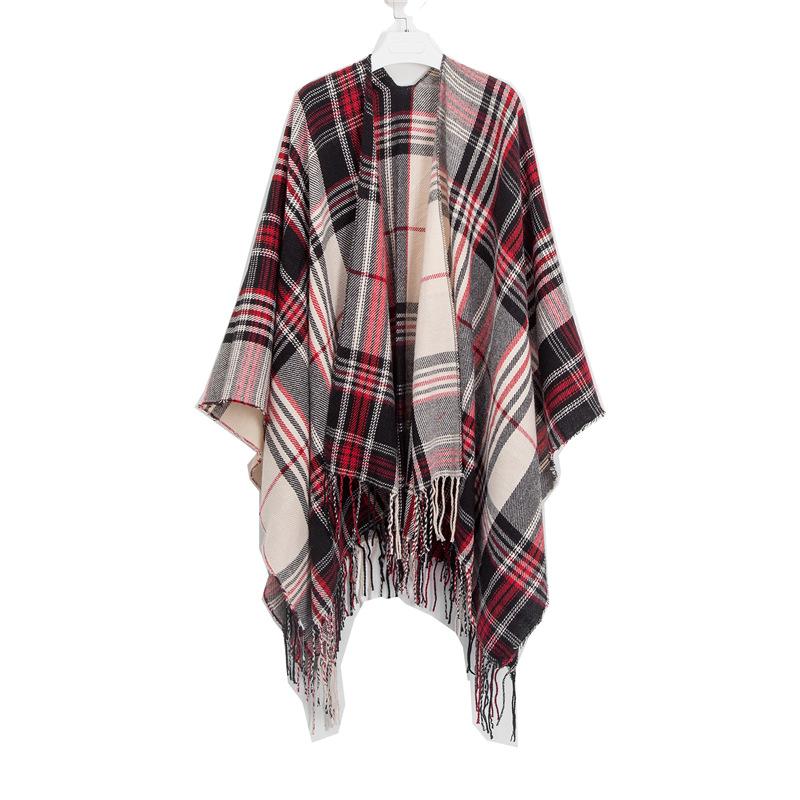 Women's Shawl Imitation Cashmere Black and White Plaid Tassel Lattice Trim