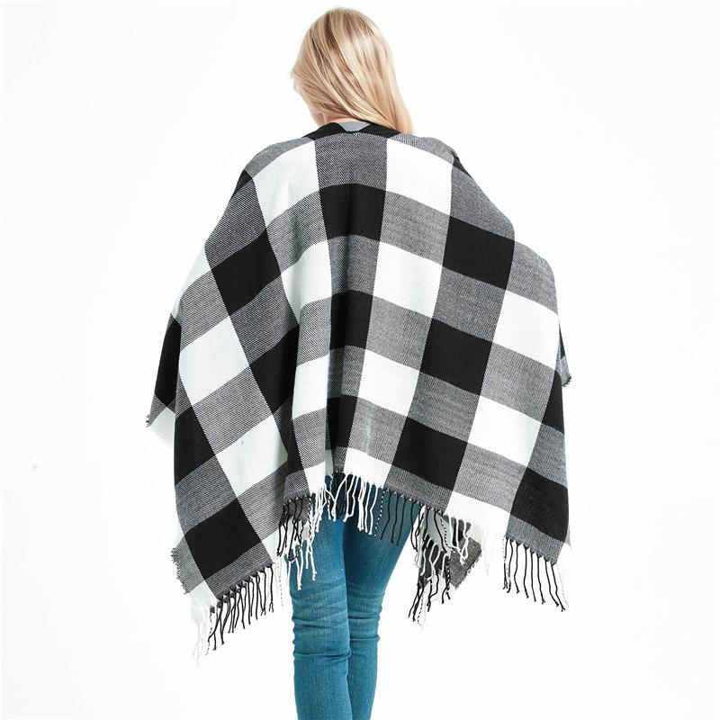 Women's Shawl Imitation Cashmere Black and White Plaid Tassel Lattice Trim