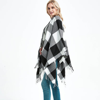 Women's Shawl Imitation Cashmere Black and White Plaid Tassel Lattice Trim