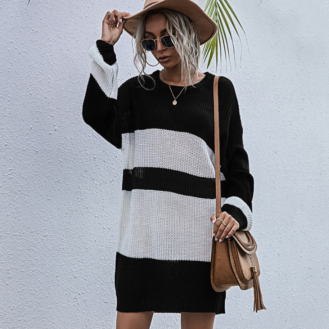 Splicing Striped Sweater Dresses Wholesale Women Clothing